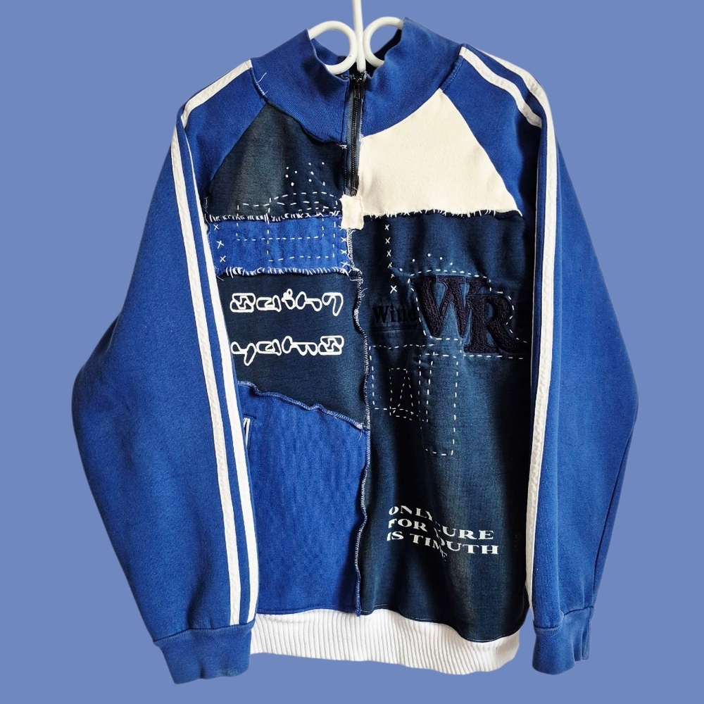 Reworked Quarter-zip Sweater with Prints & Handsewing
